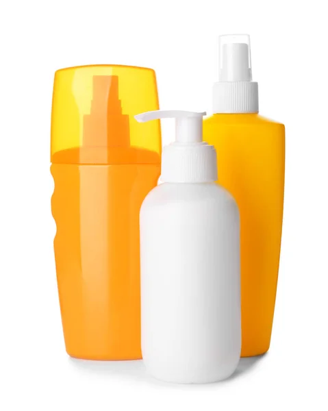 Assortment of sun protection creams on white background — Stock Photo, Image