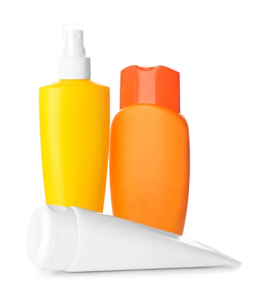 Assortment of sun protection creams on white background — Stock Photo, Image