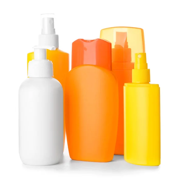 Assortment of sun protection creams on white background — Stock Photo, Image