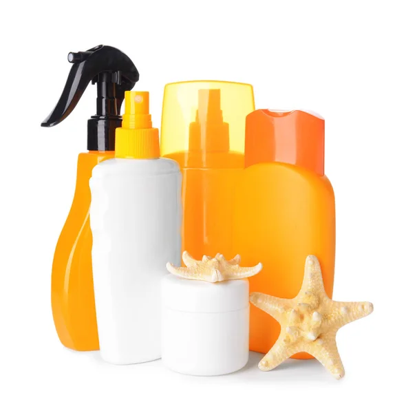 Assortment of sun protection creams on white background — Stock Photo, Image