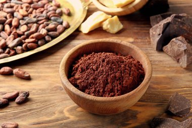 Tahta zemin üzerinde kakao tozu olan bir kase.