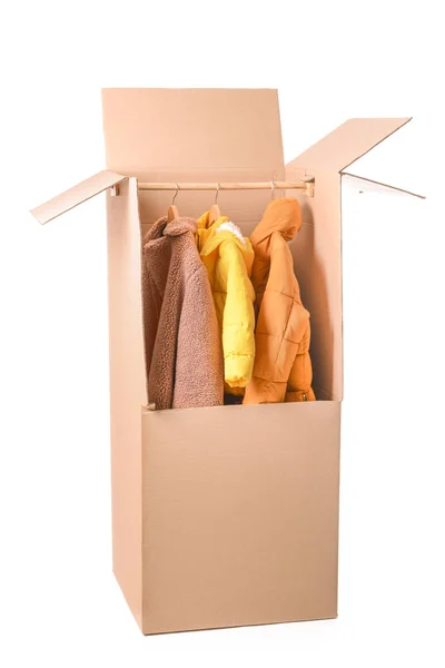 Wardrobe box with clothes on white background — Stock Photo, Image