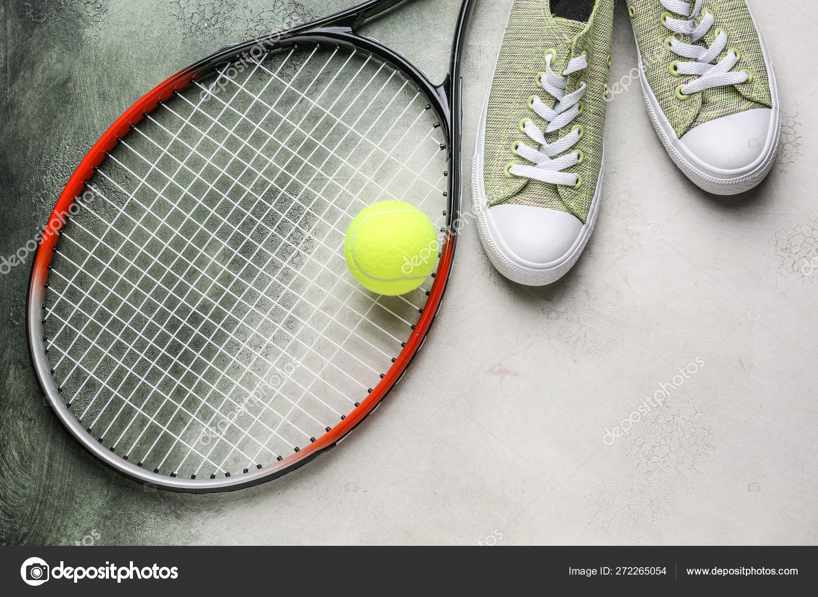 Tennis racket, shoes and ball on grey background Stock Photo by ©serezniy 272265054