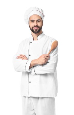 Beyaz arka planda yakışıklı erkek şef