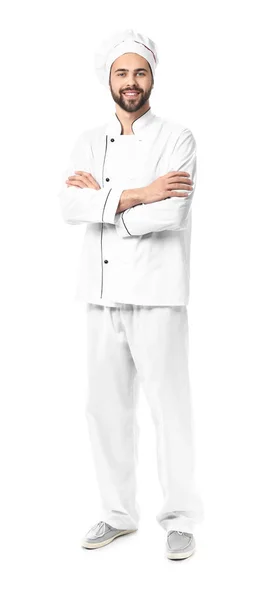 Bonito chef masculino no fundo branco — Fotografia de Stock