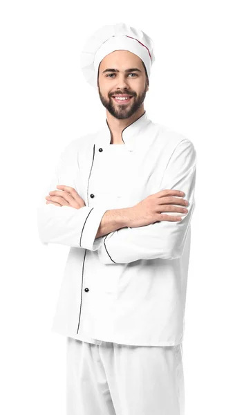 Bonito chef masculino no fundo branco — Fotografia de Stock