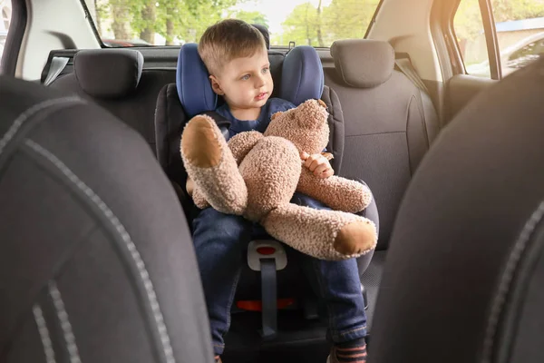 Little boy with toy bear buckled in car seat — Stock Photo, Image