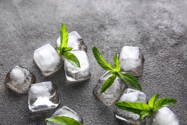 Grunge arka plan üzerinde yeşil nane yaprakları ile Buz küpleri