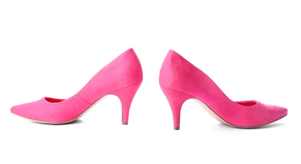 Pair of stylish high-heeled female shoes on white background — Stock Photo, Image
