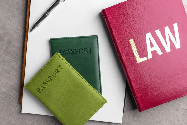 Pano, kitap ve pasaportlar masada. Göçmenlik hukuku kavramı