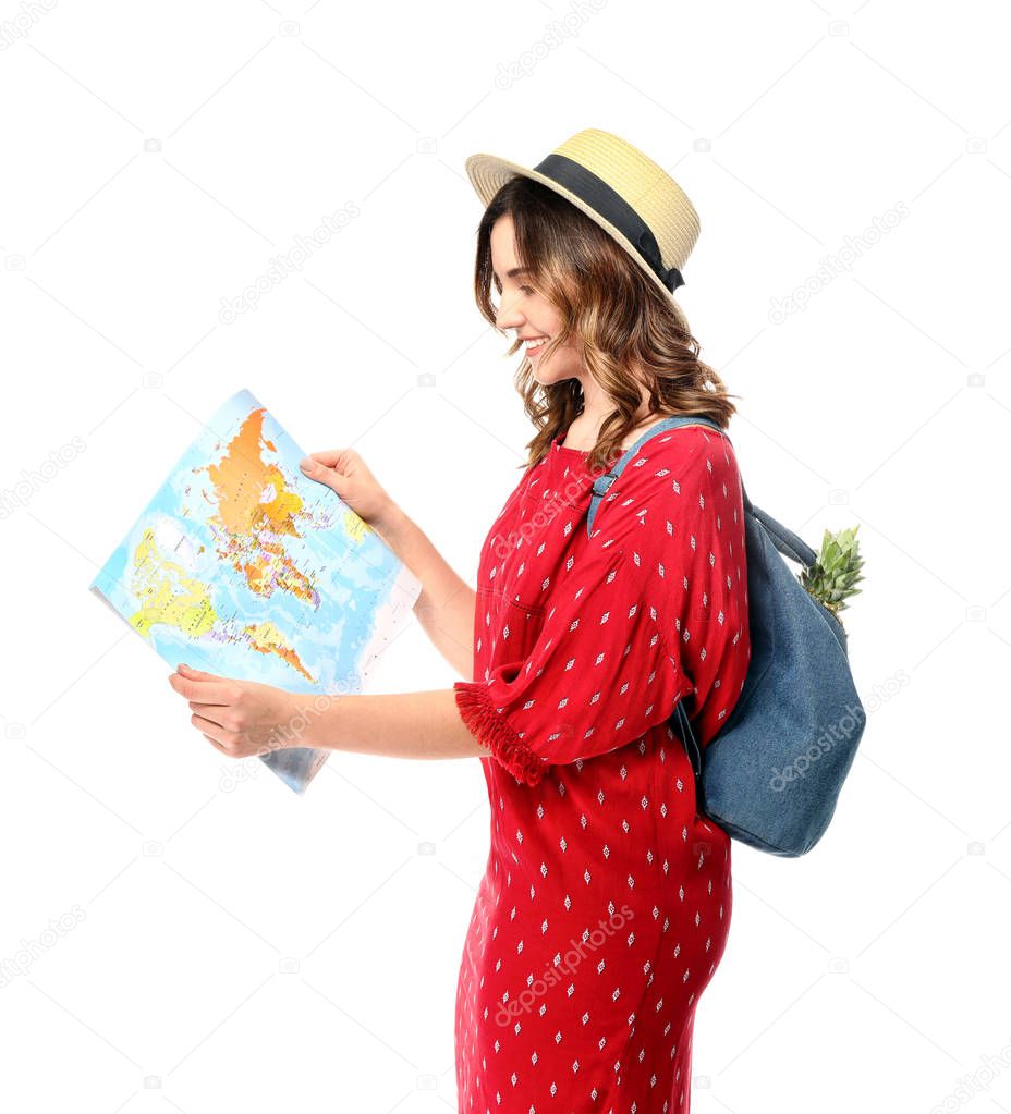 Female tourist with world map on white background