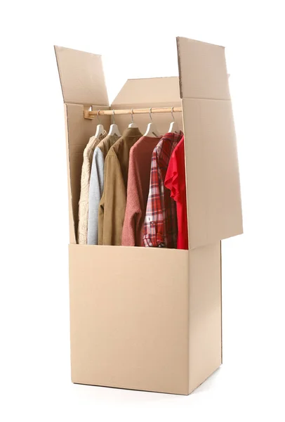 Wardrobe box with clothes on white background — Stock Photo, Image