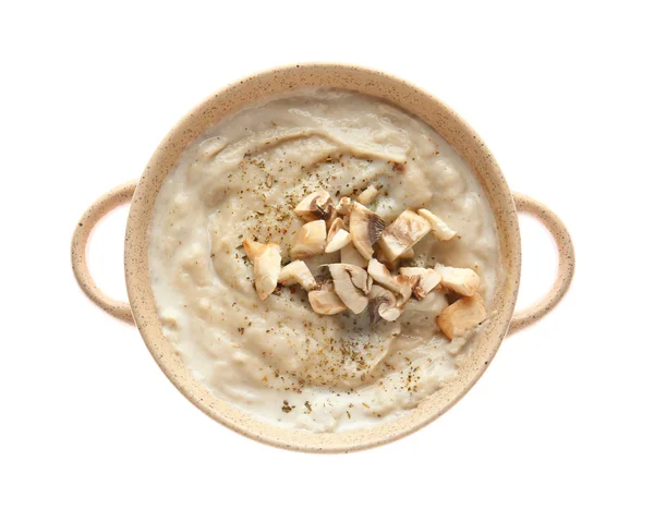 Pot of tasty mushroom cream soup on white background — Stock Photo, Image