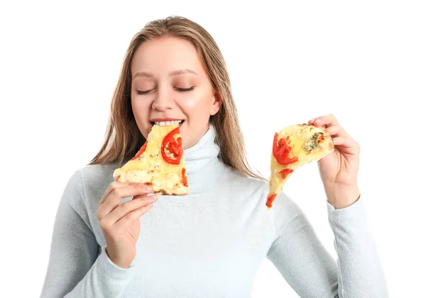 Beautiful woman eating tasty pizza on white background — Stock Photo, Image