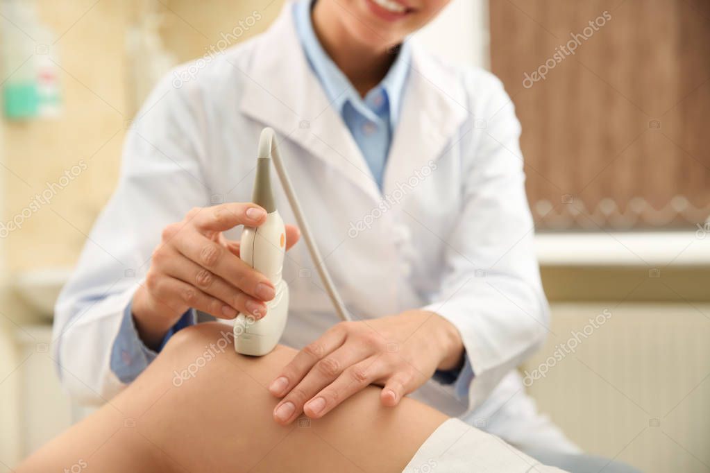 Female doctor conducting ultrasound examination of woman in clinic