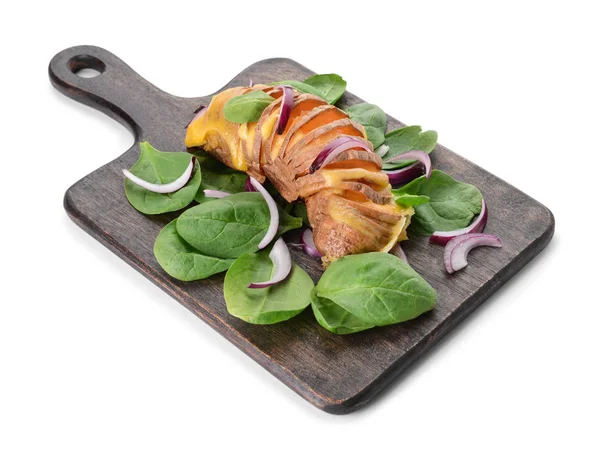 Baked sweet potato with cheese, onion and spinach on white background — Stock Photo, Image