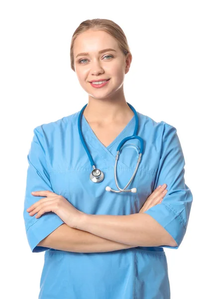 Jovem assistente médico em fundo branco — Fotografia de Stock