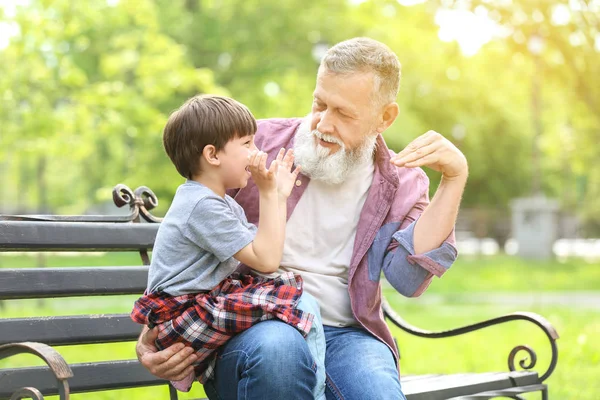 Lindo niño y su abuelo jugando en el parque — Foto de Stock