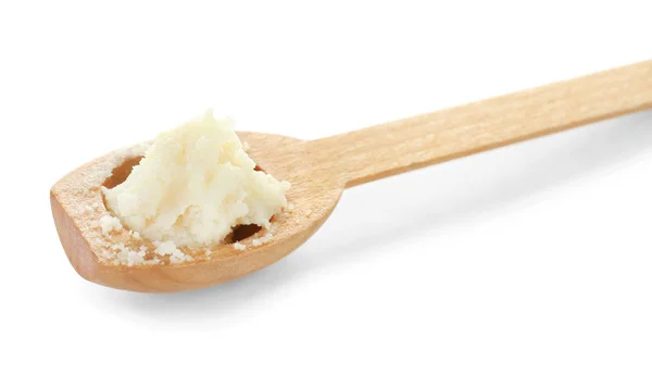 Cuillère avec beurre de karité sur fond blanc — Photo