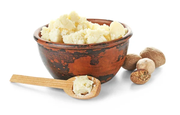 Bowl with shea butter on white background — Stock Photo, Image