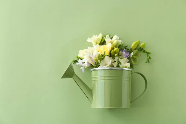 Watering can with beautiful freesia flowers on color background — Stock Photo, Image
