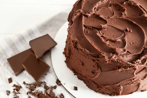 Tasty chocolate cake on stand, closeup — Stock Photo, Image