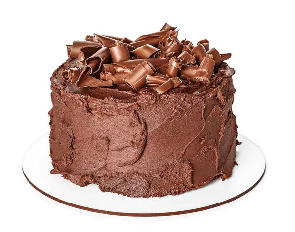 Sabroso pastel de chocolate sobre fondo blanco — Foto de Stock