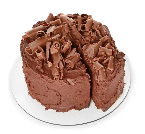 Tasty chocolate cake on white background — Stock Photo, Image