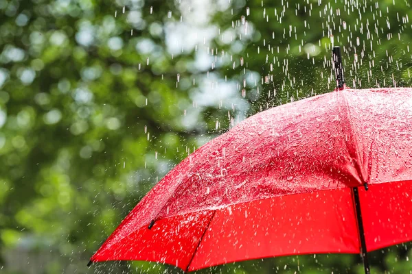 Красный зонтик на открытом воздухе в дождливый день — стоковое фото