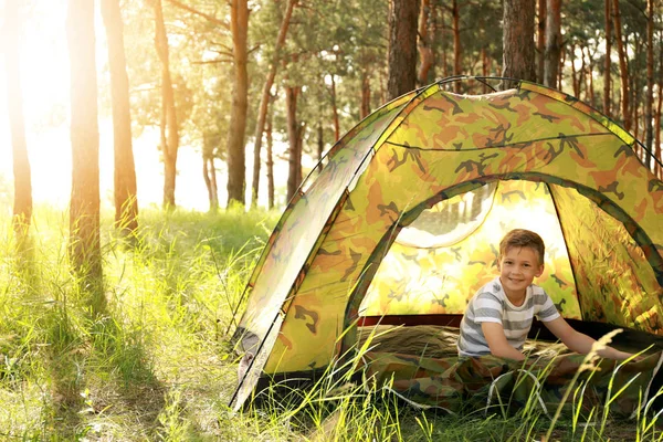 Ragazzino in tenda da campeggio il giorno d'estate — Foto Stock