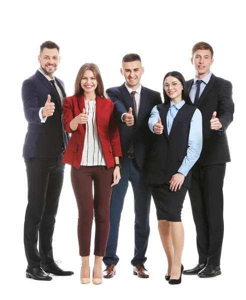 Equipe de pessoas de negócios mostrando gesto de polegar para cima no fundo branco — Fotografia de Stock