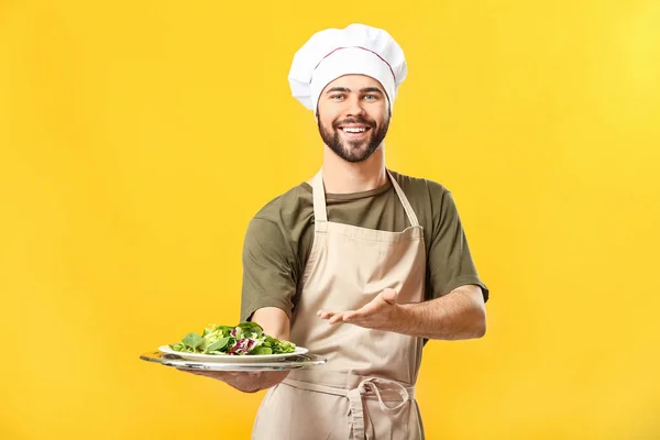 Красивий чоловічий шеф-кухар з салатом на кольоровому фоні — стокове фото