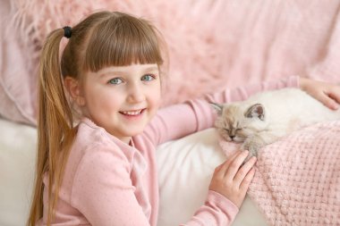 Evde sevimli kabarık kedi yavrusu ile kız