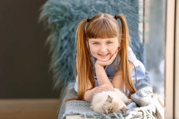 Girl with cute fluffy kitten near window — Stock Photo, Image