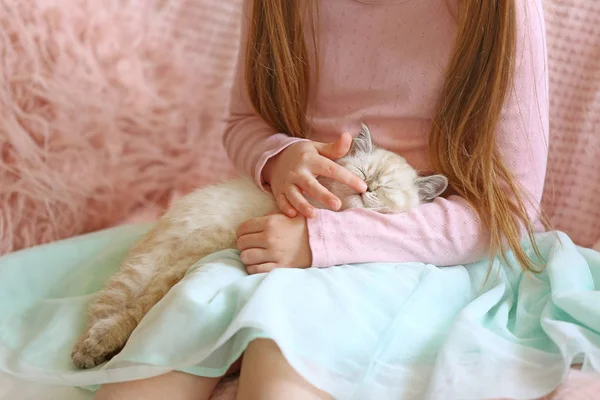 Chica con lindo gatito esponjoso en casa — Foto de Stock