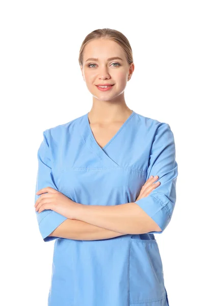 Mladá lékařská asistentka na bílém pozadí — Stock fotografie