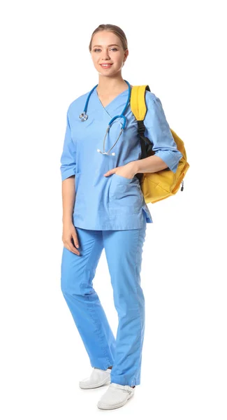 Jovem assistente médico com mochila em fundo branco — Fotografia de Stock
