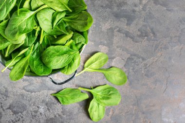 Grunge arka planda taze ıspanak ile Colander