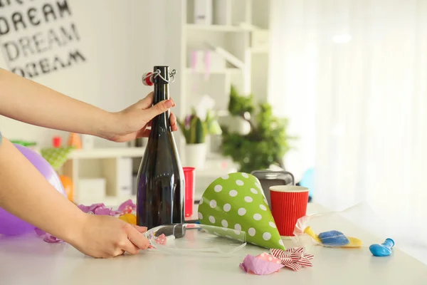 Female cleaner working in office after party — Stock Photo, Image