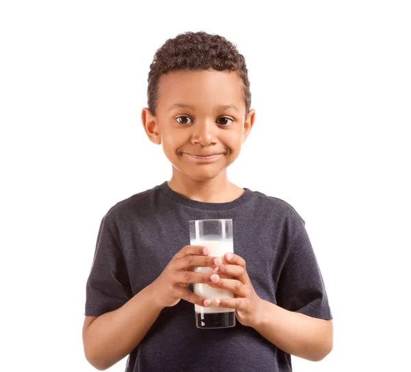 Cute African-American boy with glass of milk on white background — Stock Photo, Image