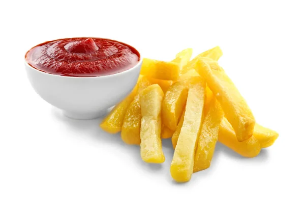 Smaklig fransk pommes frites med sås på vit bakgrund — Stockfoto