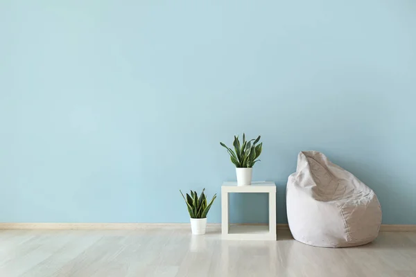 Комфортная сумка и домашние растения у цветной стены — стоковое фото