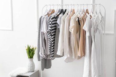 Soyunma odasında temiz kadın giysileri ile raf