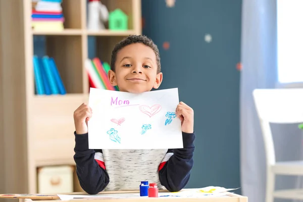 Cute African-American boy drawing at home — Stock Photo, Image