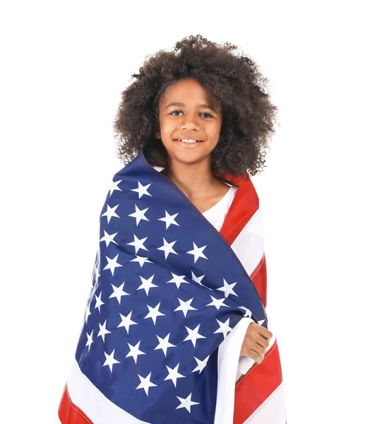 Aranyos afro-amerikai lány a nemzeti zászló, az USA fehér alapon — Stock Fotó