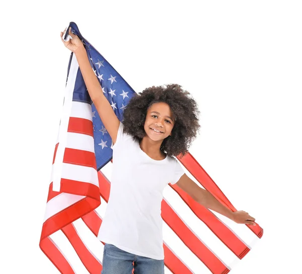 Linda chica afroamericana con bandera nacional de EE.UU. sobre fondo blanco Imágenes de stock libres de derechos