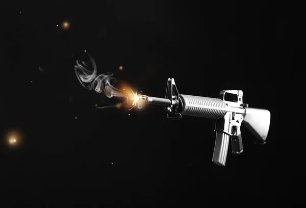 Firing assault rifle on dark background — Stock Photo, Image