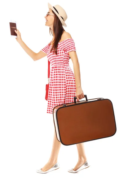 Female tourist with luggage on white background — Stock Photo, Image