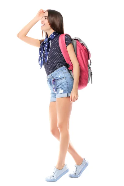 Female tourist with luggage on white background — Stock Photo, Image