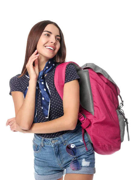 Touriste féminine avec bagages sur fond blanc — Photo